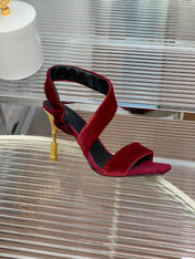 BALMAIN 25S MONETA HEELED SANDALS 95MM IN DARK CRIMSON VELVET