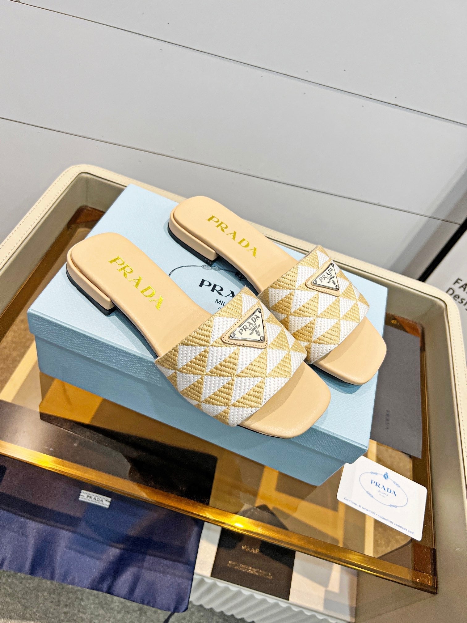 PRA EMBROIDERED SLIDES FLAT BEIGE FABRIC