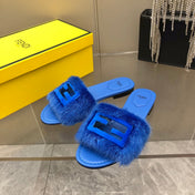 FENDI BAGUETTE MINK SLIDE SLIPPER IN AZURE BLUE FUR