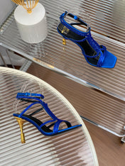 BALMAIN 25S MONETA SANDAL 95MM IN DARK BLUE CALFSKIN WITH CRYSTAL