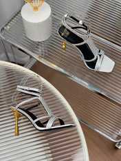 BALMAIN 25S MONETA SANDAL 95MM IN SILVER CALFSKIN WITH CRYSTAL