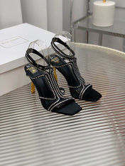BALMAIN 25S MONETA SANDAL 95MM IN BLACK CALFSKIN WITH CRYSTAL