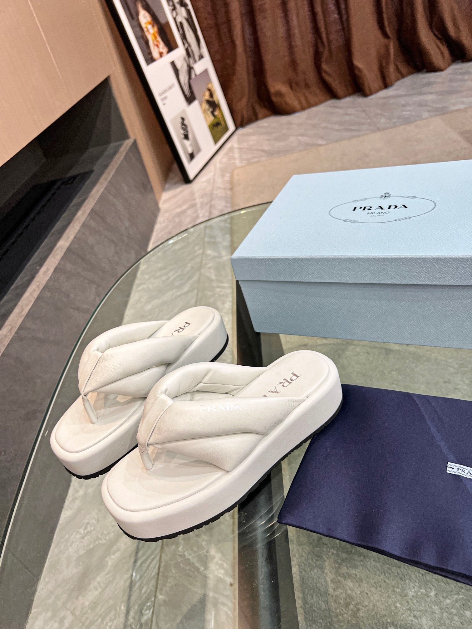 PRA THONG FLATFORM SANDALS WHITE LAMBSKIN