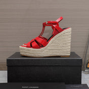 SL TRIBUTE WEDGE SANDALS CRIMSON POLISHED CALFSKIN