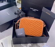 LOU CAMERA BAG 23 IN SPANISH ORANGE SUEDE AND BROWN CALFSKIN TRIM