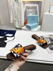 PRA EMBROIDERED SLIDES FLAT CHOCOLATE FABRIC