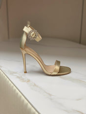 GIANVITO ROSSI 26S HIGH HEEL SANDALS 105 MM IN METALLIC GOLD LAMBSKIN WITH CRYSTAL BUCKLE