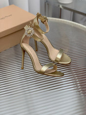 GIANVITO ROSSI 26S HIGH HEEL SANDALS 105 MM IN METALLIC GOLD LAMBSKIN WITH CRYSTAL BUCKLE