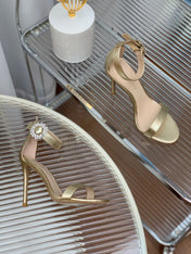 GIANVITO ROSSI 26S HIGH HEEL SANDALS 105 MM IN METALLIC GOLD LAMBSKIN WITH CRYSTAL BUCKLE