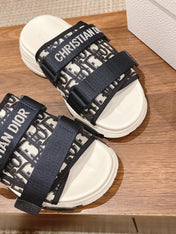 DIOR PLATFORM SLIDES 25S 30 MM IN MIDNIGHT BLUE MIX WHITE FABRIC AND CALFSKIN
