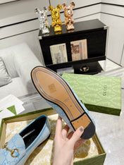 MEN'S LOAFER WITH HORSEBIT IN LIGHT BLUE MONOGRAM JACQUARD FABRIC