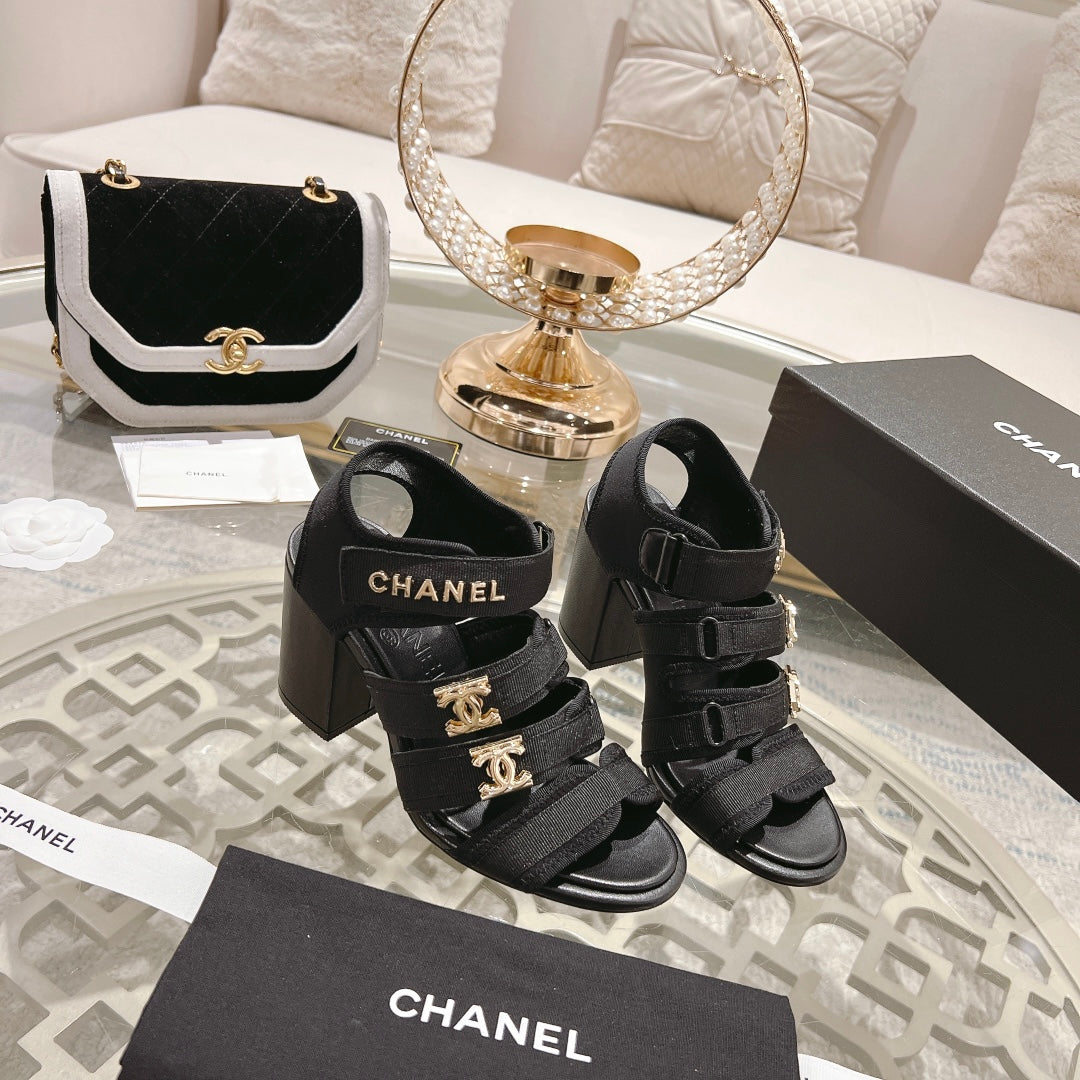 Double C  Xiaoxiang Chain Fabric Head Chunky Heel Sandals Black Lambskin