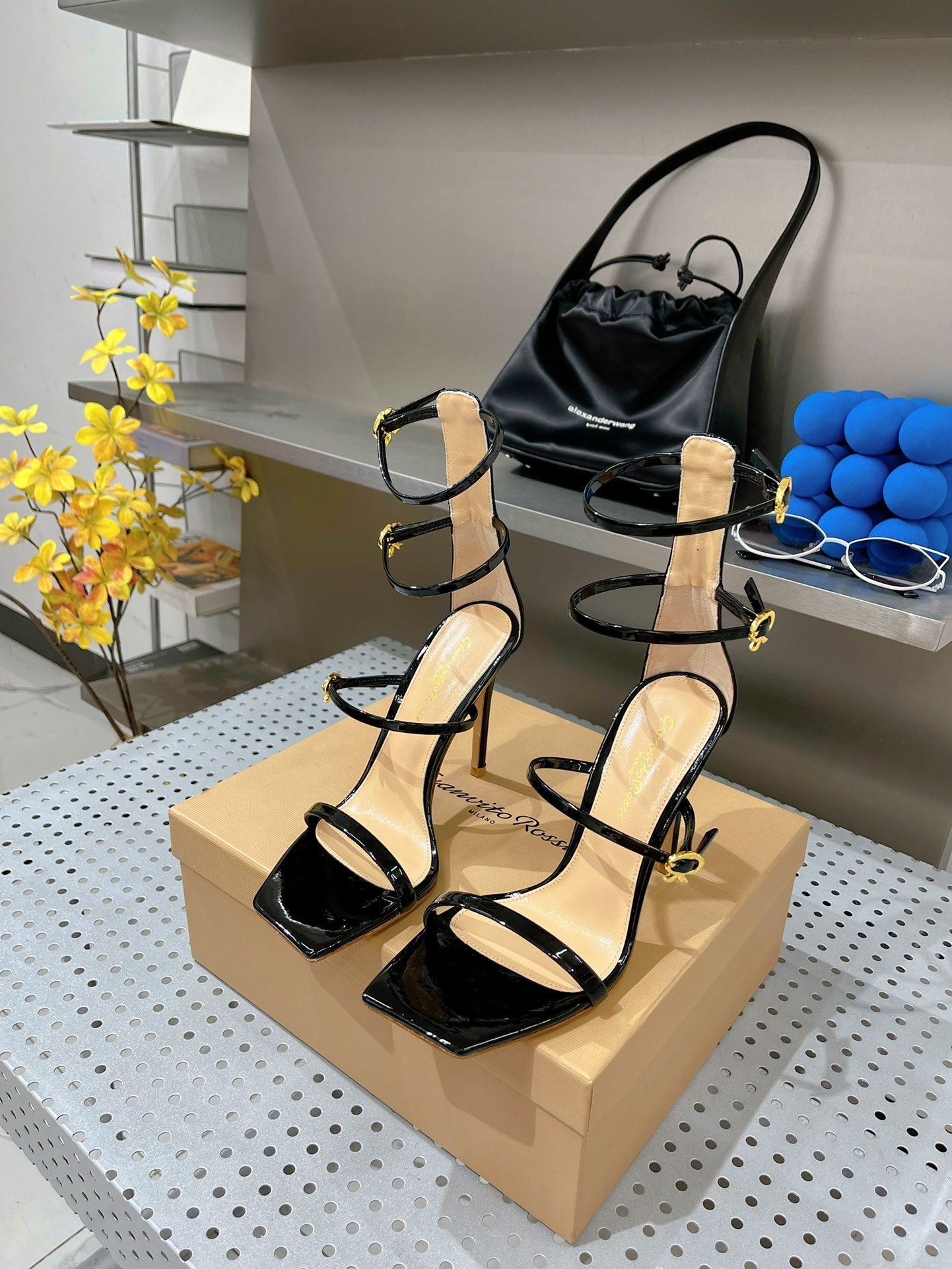 GIANVITO ROSSI 26S SQUARE-TOE HIGH-HEEL SANDALS 105 MM IN BLACK PATENT CALFSKIN
