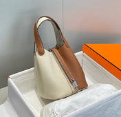 HERMES 25S PICOTIN LOCK 18 IN WHITE AND BROWN CALFSKIN SILVER HARDWARE