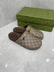 MULE WITH GOLD HORSEBIT IN BEIGE AND EBONY MONOGRAM CANVAS