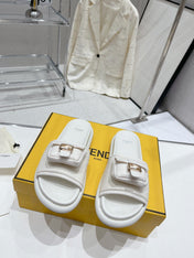 FENDI BAGUETTE SLIPPERS IN WHITE LAMBSKIN WITH GOLD HARDWARE