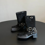 MIUMIU 26S MID-CALF BOOTS IN BLACK SUEDE SILVER HARDWARE