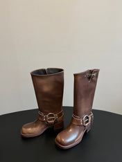 MIUMIU 26S KNEE-HIGH BOOTS IN BROWN CALFSKIN SILVER HARDWARE