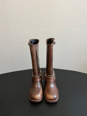 MIUMIU 26S KNEE-HIGH BOOTS IN BROWN CALFSKIN SILVER HARDWARE