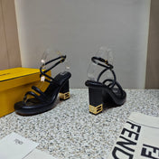 FENDI CHUNKY HIGH-HEELED SANDAL IN BLACK CALFKIN WITH GOLD HARDWARE