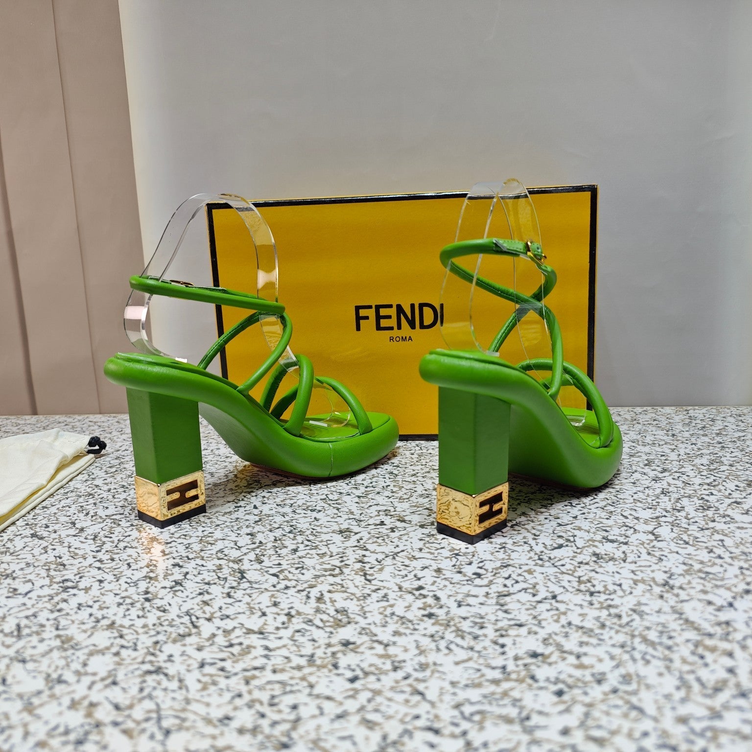FENDI CHUNKY HIGH-HEELED SANDAL IN SHAMROCK GREEN CALFKIN WITH GOLD HARDWARE