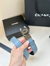 CC 30MM BELT IN STONE BLUE AND BLACK CALFSKIN WITH SILVER HARDWARE