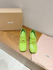 MIUMIU 26S HEEL LOAFERS 75MM IN GREEN GLOSSY CALFSKIN GOLD HARDWARE