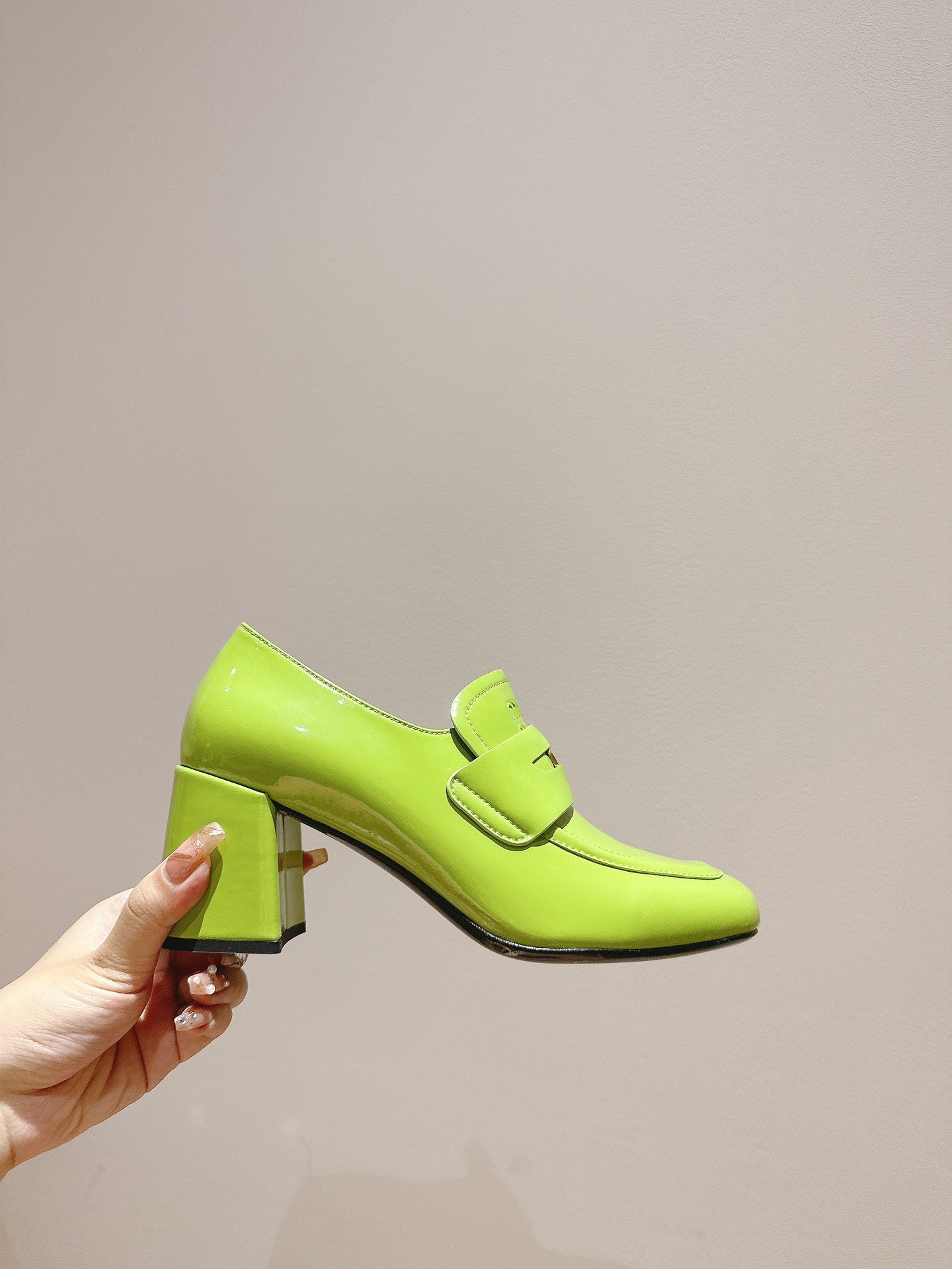 MIUMIU 26S HEEL LOAFERS 75MM IN GREEN GLOSSY CALFSKIN GOLD HARDWARE