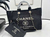 CC DEAUVILLE LARGE 38 TOTE BAG IN DARK NAVY CANVAS WITH WHITE LOGO EMBROIDERED