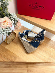 VALENTINO 26S WEDGE SANDALS IN DARK BLUE CALFSKIN