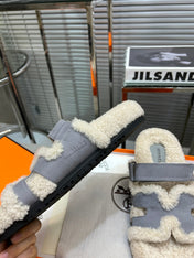 CHYPRE SLIPPERS IN BEIGE LAMB WOOL AND COOL GRAY SUEDE