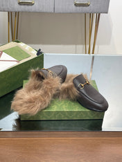HORSEBIT MULE IN MOCHA BROWN CALFSKIN AND LAMB WOOL LINING