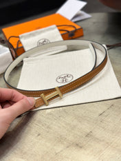 HM FOCUS BUCKLE & REVERSIBLE BRONZE BROWN AND WHITE LEATHER STRAP 13MM GOLD HARDWARE