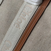 LAGRE WOODY TOTE BAG 45 IN BEIGE LINEN CANVAS WEBBING LOGO EMBROIDERY BROWN CALFSKIN