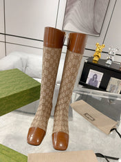 GG KNEE BOOTS IN BRONZE BROWN MONOGRAM CANVAS AND GLOSSY SHEEPSKIN