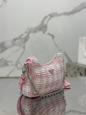 CROCHET HOBO BAG 22 IN PINK MIX WHITE RAFFIA SILVER HARDWARE