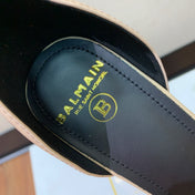 BALMAIN 25S SQUARE STRAP HIGH HEELS 100MM IN BEIGE PATENT CALFSKIN