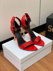 BALMAIN 25S SQUARE STRAP HIGH HEELS 100MM IN RED PATENT CALFSKIN