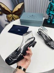 PRADA 26S SLINGBACK PUMPS 40MM IN BLACK CALFSKIN CRYSTAL EMBELLISHED