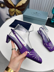 PRADA 26S SLINGBACK PUMPS 40MM IN PURPLE SATIN CRYSTAL EMBELLISHED