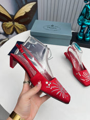 PRADA 26S SLINGBACK PUMPS 40MM IN DARK RED SATIN CRYSTAL EMBELLISHED