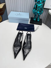 PRADA 26S POINTED TOE SLINGBACK 40MM IN BLACK CALFSKIN CRYSTAL EMBELLISHED