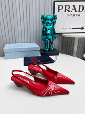 PRADA 26S POINTED TOE SLINGBACK 40MM IN DARK RED SATIN CRYSTAL EMBELLISHED