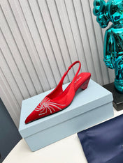 PRADA 26S POINTED TOE SLINGBACK 40MM IN DARK RED SATIN CRYSTAL EMBELLISHED