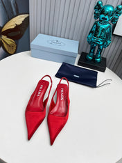 PRADA 26S POINTED TOE SLINGBACK 40MM IN DARK RED SATIN