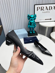 PRADA 26S POINTED TOE PUMPS 40MM IN BLACK CALFSKIN CRYSTAL EMBELLISHED