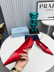 PRADA 26S POINTED TOE PUMPS 40MM IN RED SATIN CRYSTAL EMBELLISHED