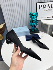 PRADA 26S POINTED TOE PUMPS 40MM IN BLACK SATIN