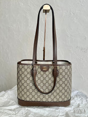 OPHIDIA SMALL TOTE BAG 31 BEIGE CANVAS AND BROWN CALFSKIN