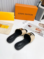 LV 26S FLAT SLIDES IN BLACK CALFSKIN AND BEIGE RAFFIA